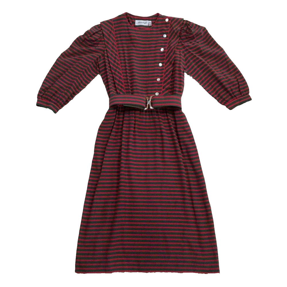 Vtg Adrianna Papell 100% Silk Striped Belted Button Dress Size 4 903A